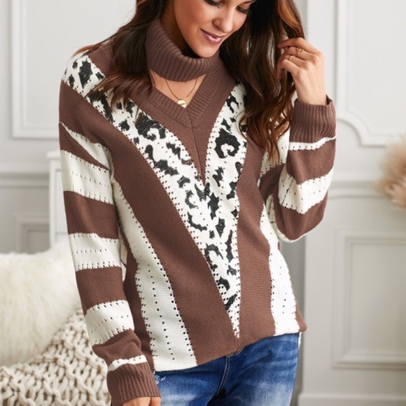 Brown chevron v neck leopard print striped Sweater - Picture 3 of 4